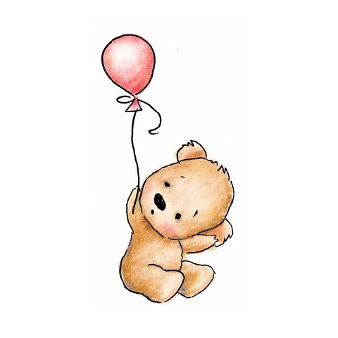 cute baby bear with pink balloon on white background